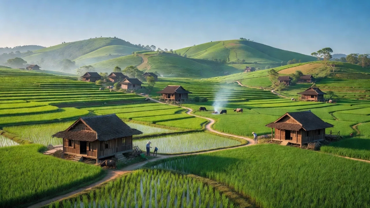 Khung cảnh huyện Triệu Sơn, Thanh Hóa với ruộng lúa xanh tươi và đồi thấp, thể hiện cuộc sống nông thôn.