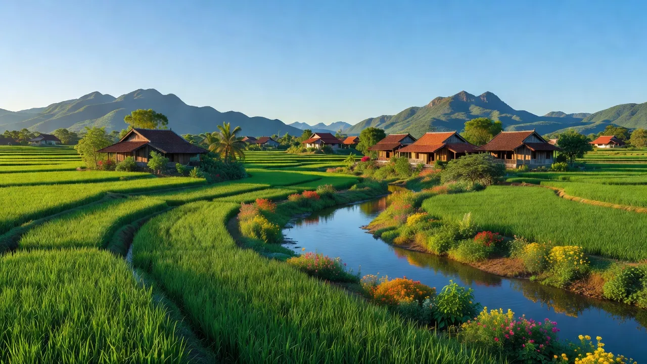 Quang cảnh huyện Vĩnh Lộc, Thanh Hóa với cánh đồng xanh và sông Mã hiền hòa.