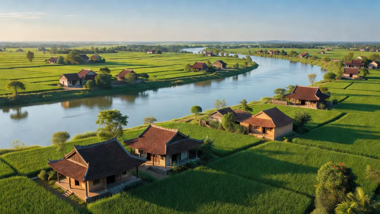 Quang cảnh huyện Vĩnh Lộc, Thanh Hóa với sông Mã và đồng ruộng xanh tươi, thời tiết dễ chịu.