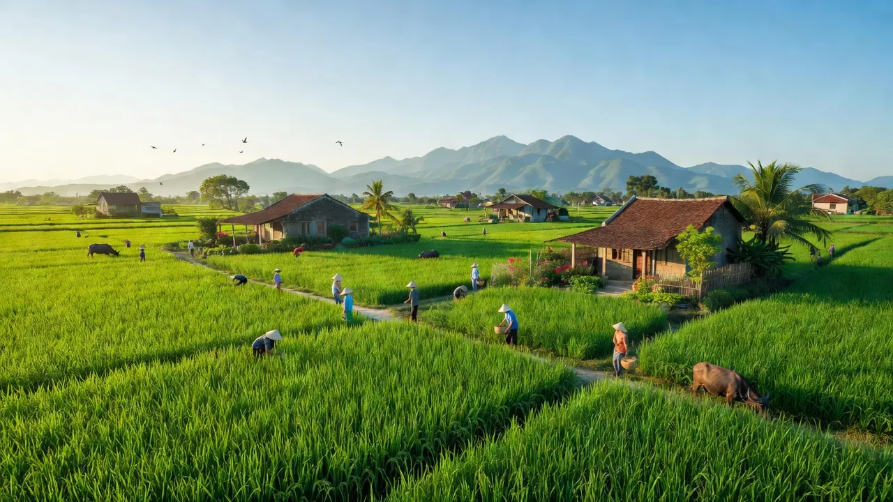 Cảnh đẹp huyện Yên Định, tỉnh Thanh Hóa với cánh đồng, núi non và nhà cửa đặc trưng.