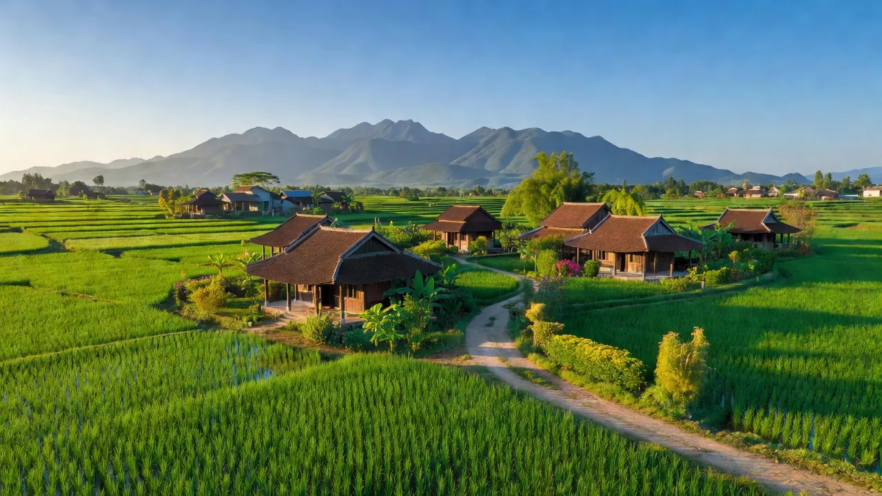 Cảnh quan huyện Yên Định, Thanh Hóa với ruộng bậc thang và nhà truyền thống Việt Nam.