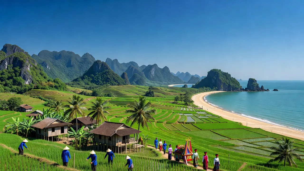 Khung cảnh tỉnh Thanh Hóa với địa hình núi, đồng bằng và biển, thể hiện văn hóa địa phương.