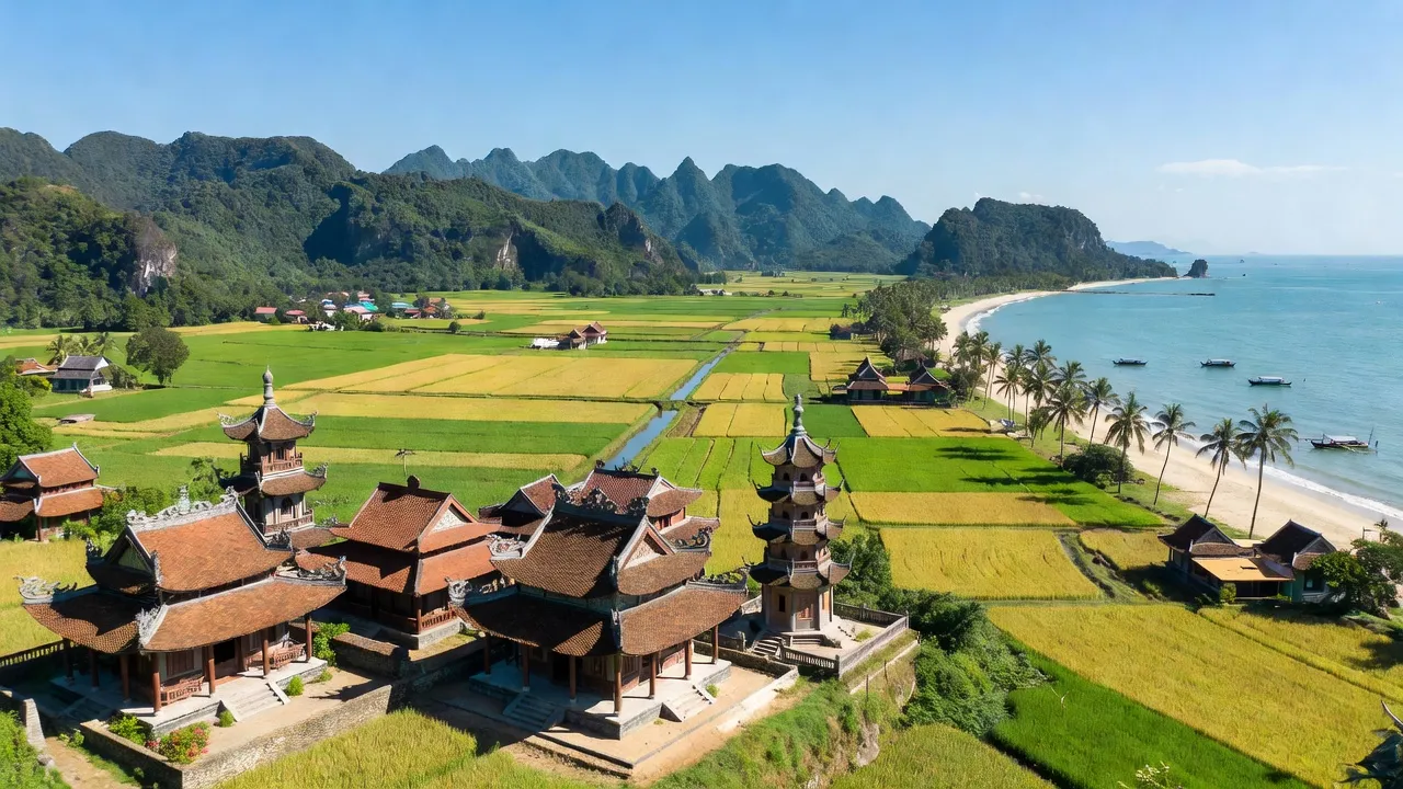 Khung cảnh tỉnh Thanh Hóa với núi non, đồng bằng và biển, ánh nắng rực rỡ, kiến trúc truyền thống Việt Nam.