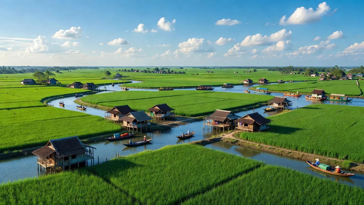 Cái Bè district in Tiền Giang with lush landscapes, rivers, and rural lifestyle in the Mekong Delta.