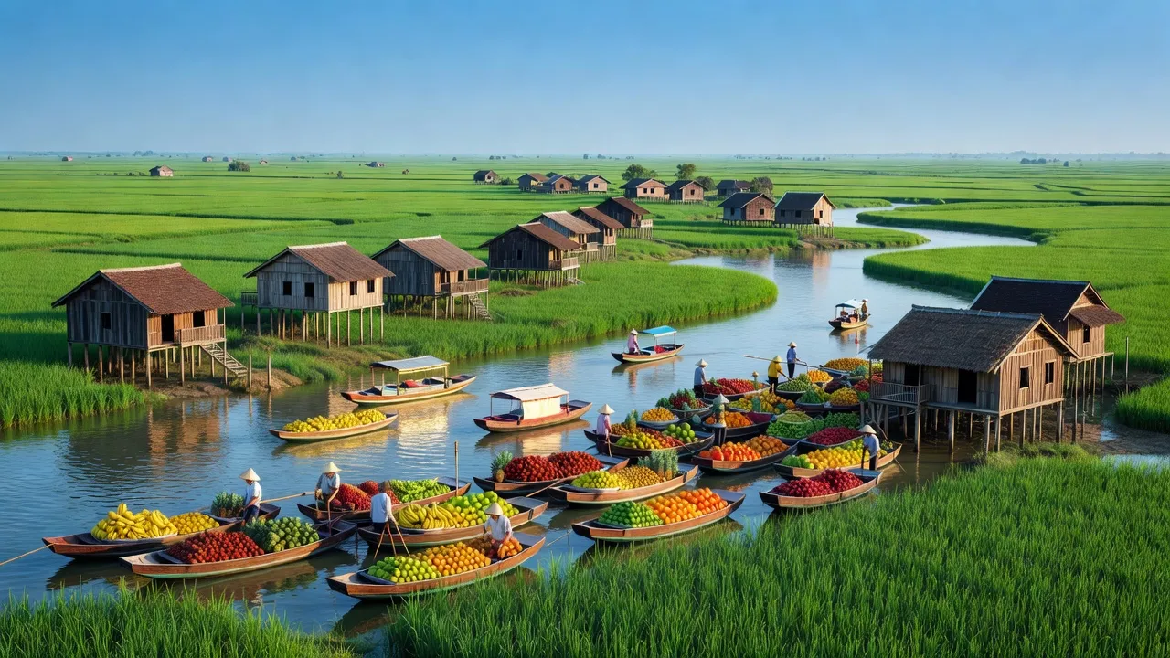 Cảnh sắc huyện Cái Bè, Tiền Giang với sông ngòi và cánh đồng xanh mướt, bao gồm chợ nổi.