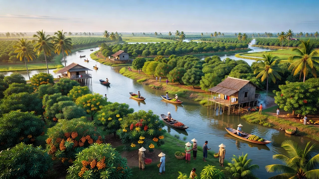 Huyện Cai Lậy, Tiền Giang với vườn cây ăn trái và hệ thống sông ngòi phong phú.