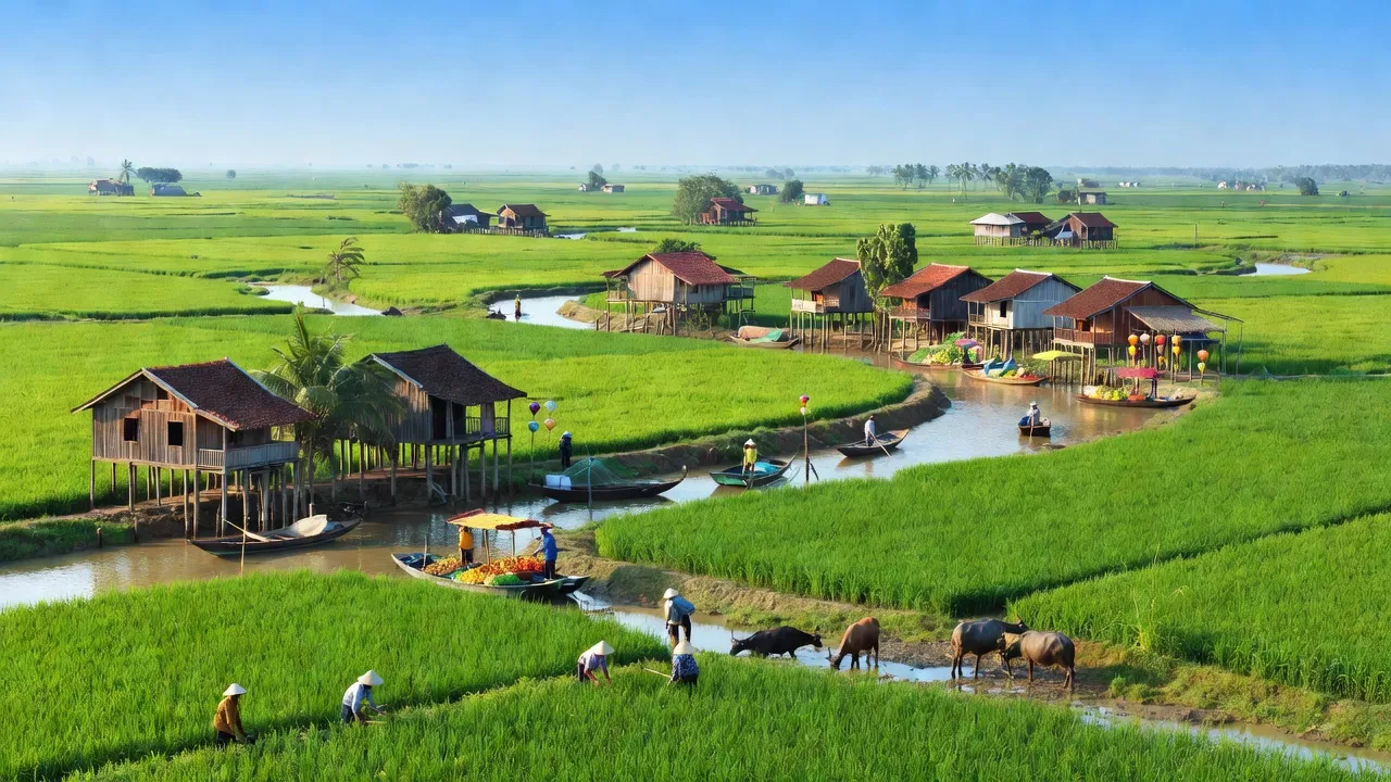 Khung cảnh Huyện Châu Thành, Tiền Giang với ruộng xanh và sông nước miền Tây.
