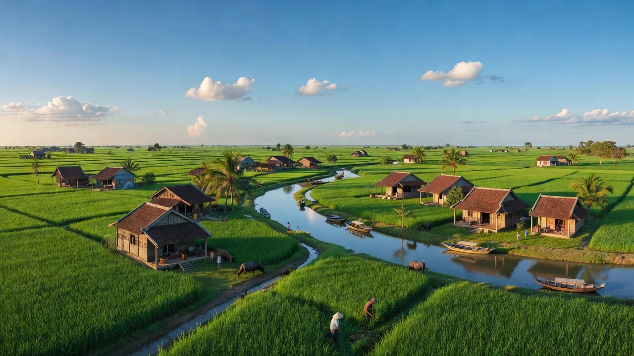 Khung cảnh huyện Châu Thành, tỉnh Tiền Giang với cánh đồng xanh và nhà truyền thống Việt Nam.