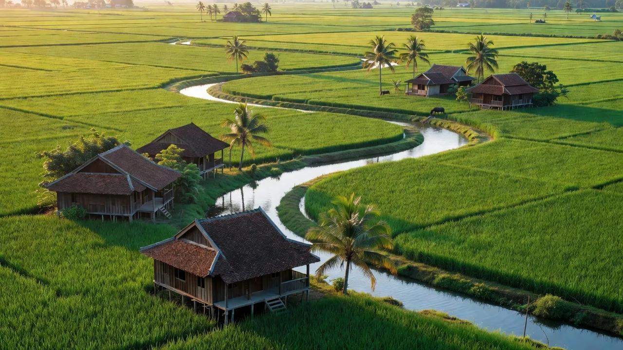 Cảnh đẹp Huyện Chợ Gạo, Tiền Giang với cánh đồng xanh và nhà truyền thống.