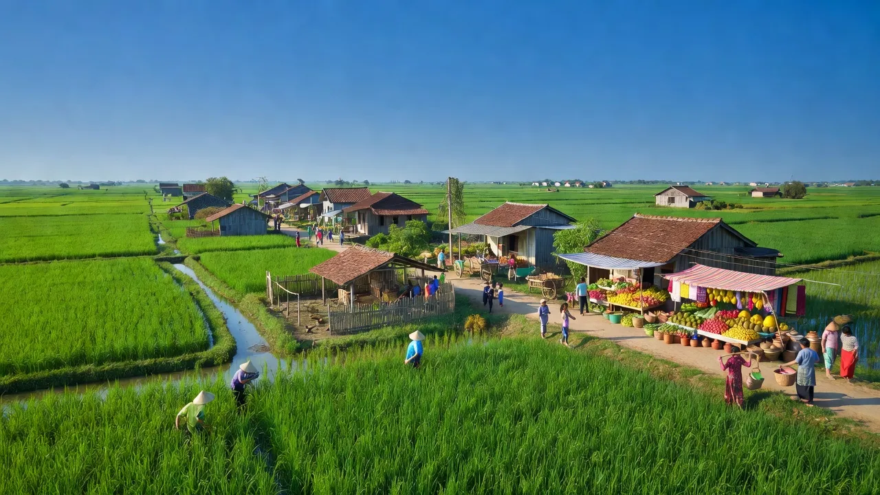 Cảnh đẹp huyện Chợ Gạo, tỉnh Tiền Giang với đồng ruộng xanh và chợ truyền thống.