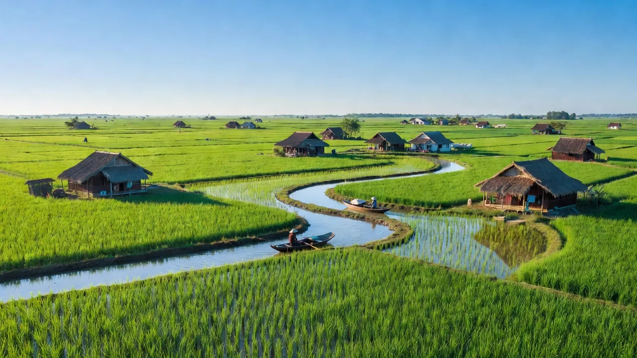 Cảnh quan Gò Công Tây, Tiền Giang với cánh đồng lúa và nhà truyền thống, thể hiện văn hóa nông thôn.