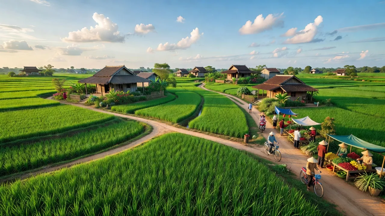 Khung cảnh nông thôn huyện Gò Công Tây, Tiền Giang với cánh đồng xanh, nhà truyền thống và hoạt động địa phương.