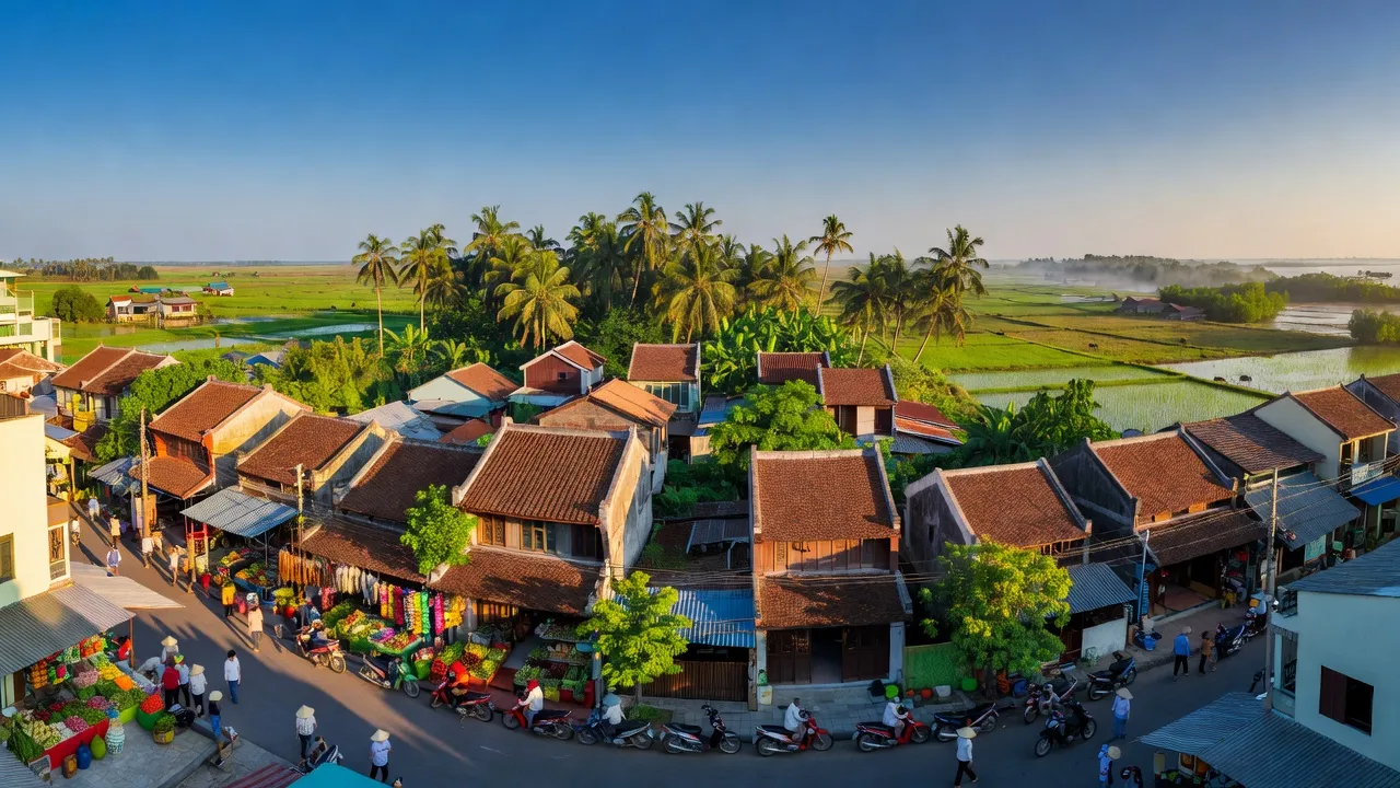 Khung cảnh Thành phố Gò Công, Tiền Giang với phố phường sầm uất và thiên nhiên xanh tươi.