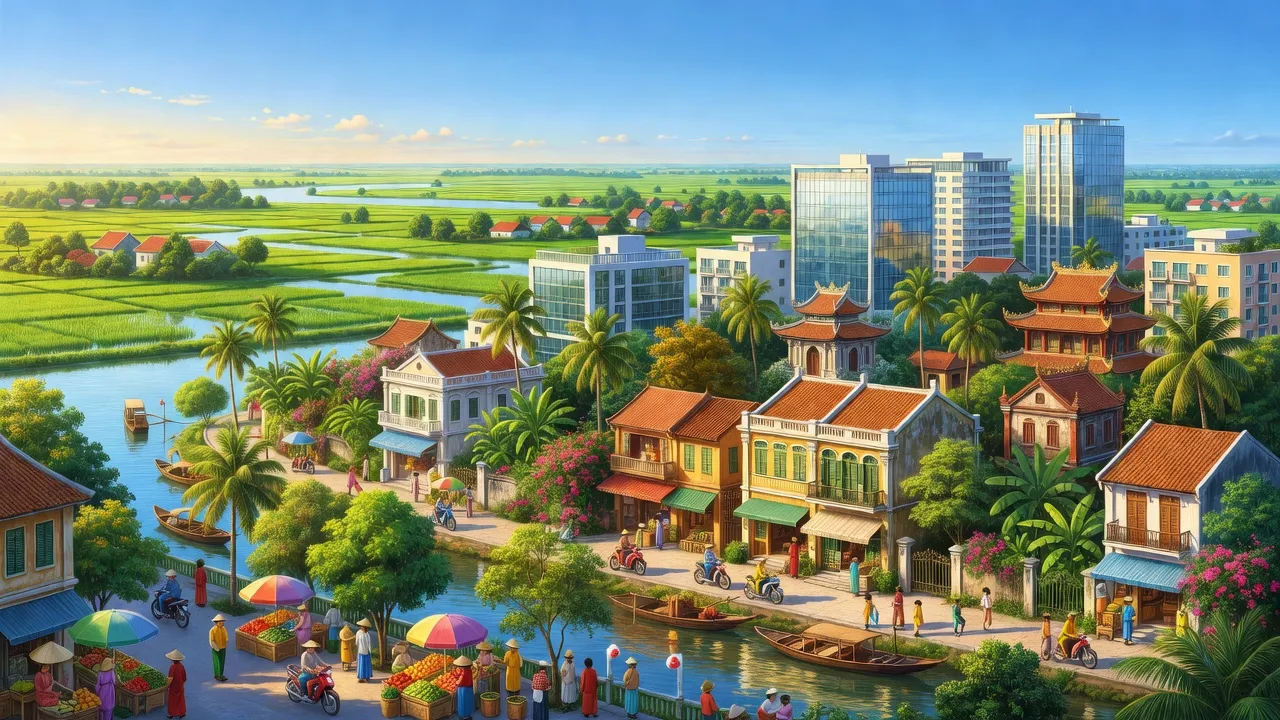 Thành phố Gò Công, tỉnh Tiền Giang với cảnh sắc thiên nhiên và kiến trúc đô thị đặc trưng.