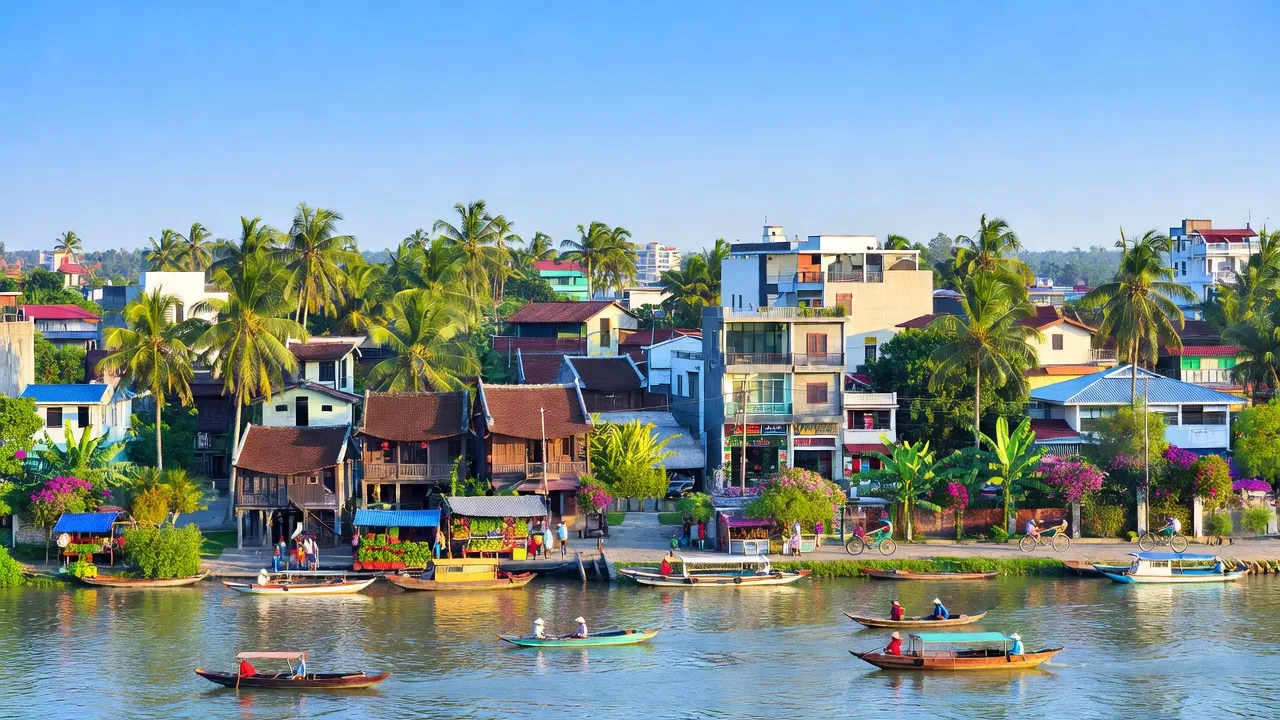 Thành phố Mỹ Tho, Tiền Giang: cảnh quan đô thị bên sông, nhà truyền thống và thiên nhiên tươi đẹp.