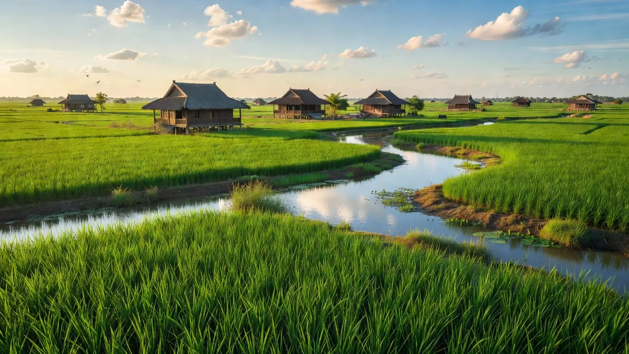 Khung cảnh huyện Tân Phú Đông, Tiền Giang với cánh đồng xanh và sông nước bao quanh.