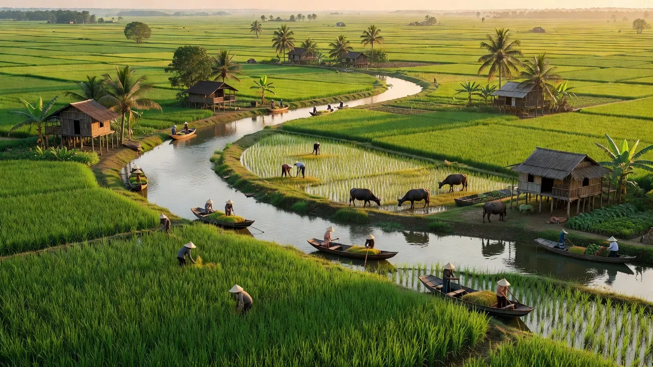 Cảnh quan huyện Tân Phước Tiền Giang với đồng ruộng và sông nước, phản ánh vẻ đẹp nông thôn Việt Nam.