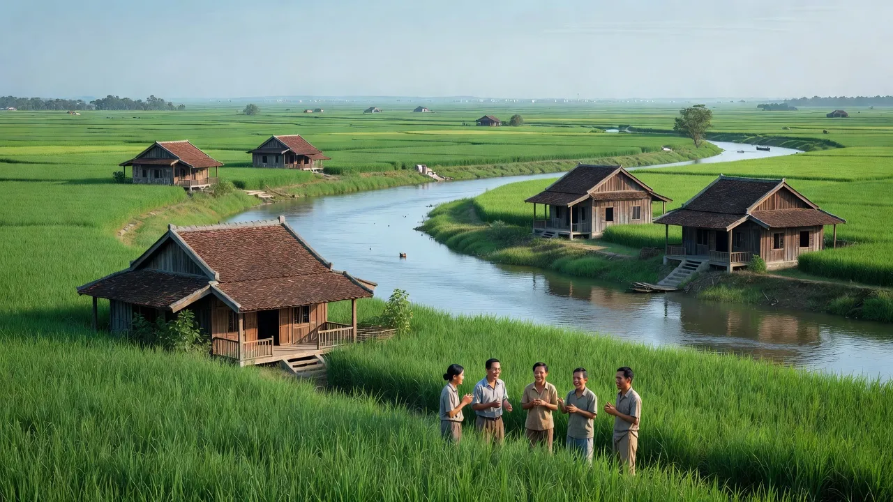 Khung cảnh tỉnh Tiền Giang với cánh đồng và dòng sông, nét đẹp thiên nhiên miền Tây Việt Nam.