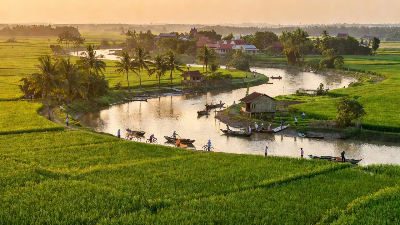 Phong cảnh Tỉnh Tiền Giang với cánh đồng xanh và sông Cửu Long, thể hiện vẻ đẹp tự nhiên.