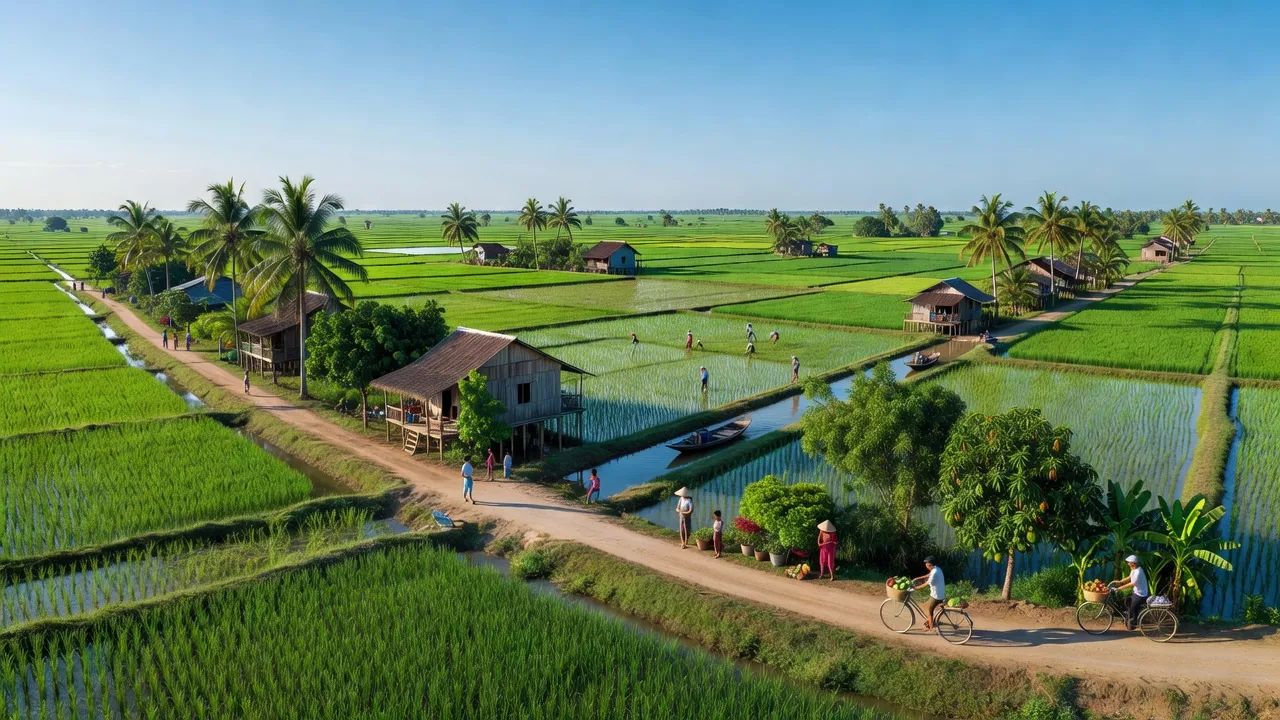 Cảnh đẹp huyện Càng Long, Tỉnh Trà Vinh với đồng xanh và sông nước đặc trưng miền Tây.