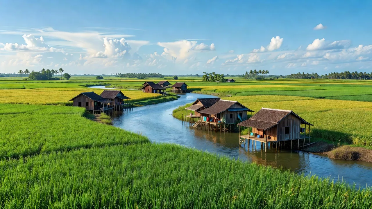 Quang cảnh huyện Càng Long, Trà Vinh với cánh đồng xanh và sông nước, đặc trưng vùng đồng bằng sông Cửu Long.