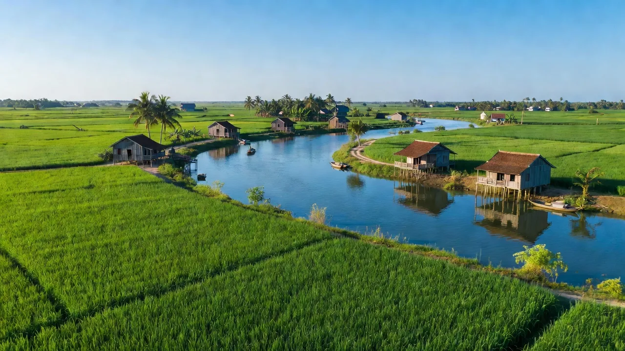 Cảnh quan huyện Cầu Kè, Trà Vinh với cánh đồng xanh, sông Hậu và nhà truyền thống.