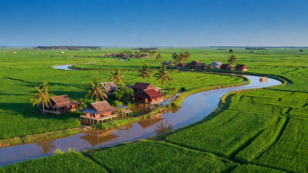 Huyện Cầu Kè, Trà Vinh with rice fields, rivers, and traditional houses reflecting Mekong Delta beauty.