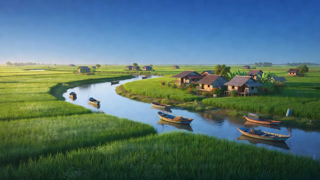 Cảnh huyện Cầu Ngang, Trà Vinh với cánh đồng xanh, sông Cổ Chiên và thuyền đánh cá.