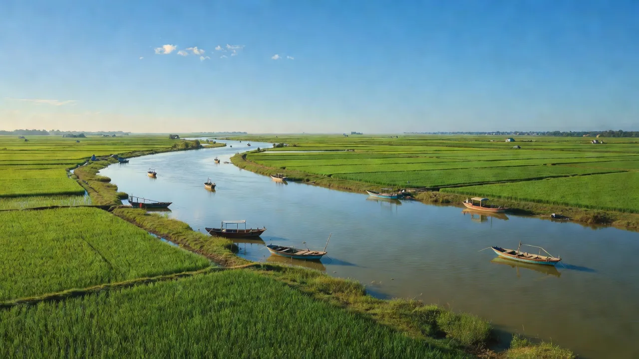 Huyện Cầu Ngang, Trà Vinh với cảnh đồng bằng sông nước, sông Cổ Chiên và thuyền đánh cá.