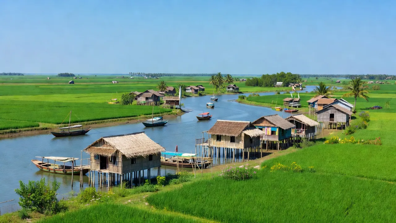 Khung cảnh Huyện Duyên Hải, tỉnh Trà Vinh với biển, ruộng xanh và nhà truyền thống.