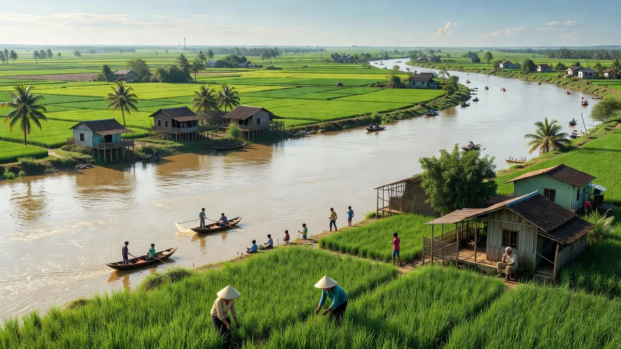 Cảnh quan huyện Tiểu Cần, tỉnh Trà Vinh với sông Hậu và đồng ruộng xanh tươi.