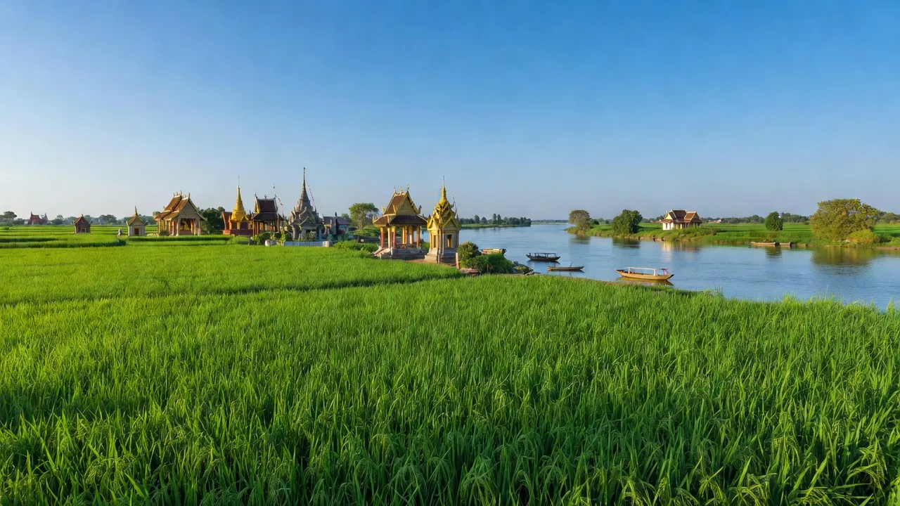 Cảnh đẹp Huyện Trà Cú, Tỉnh Trà Vinh với cánh đồng xanh, chùa Khmer và sông Hậu. Tra Cu district, Tra Vinh