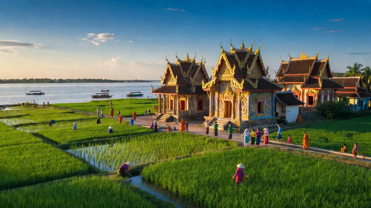 Huyện Trà Cú, Trà Vinh với ruộng xanh và chùa Khmer, gần sông Hậu, cảnh sắc văn hóa phong phú.
