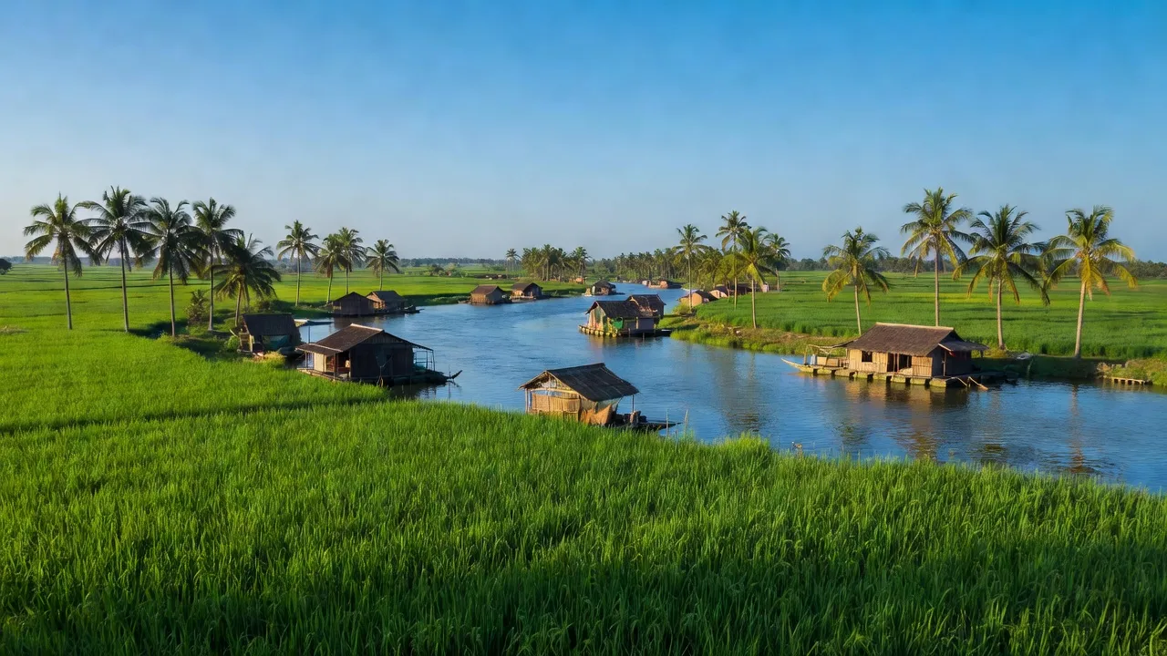 Cảnh quan Tỉnh Trà Vinh với cánh đồng xanh, sông nước và cây cối đỏ tươi, đặc trưng miền Tây.