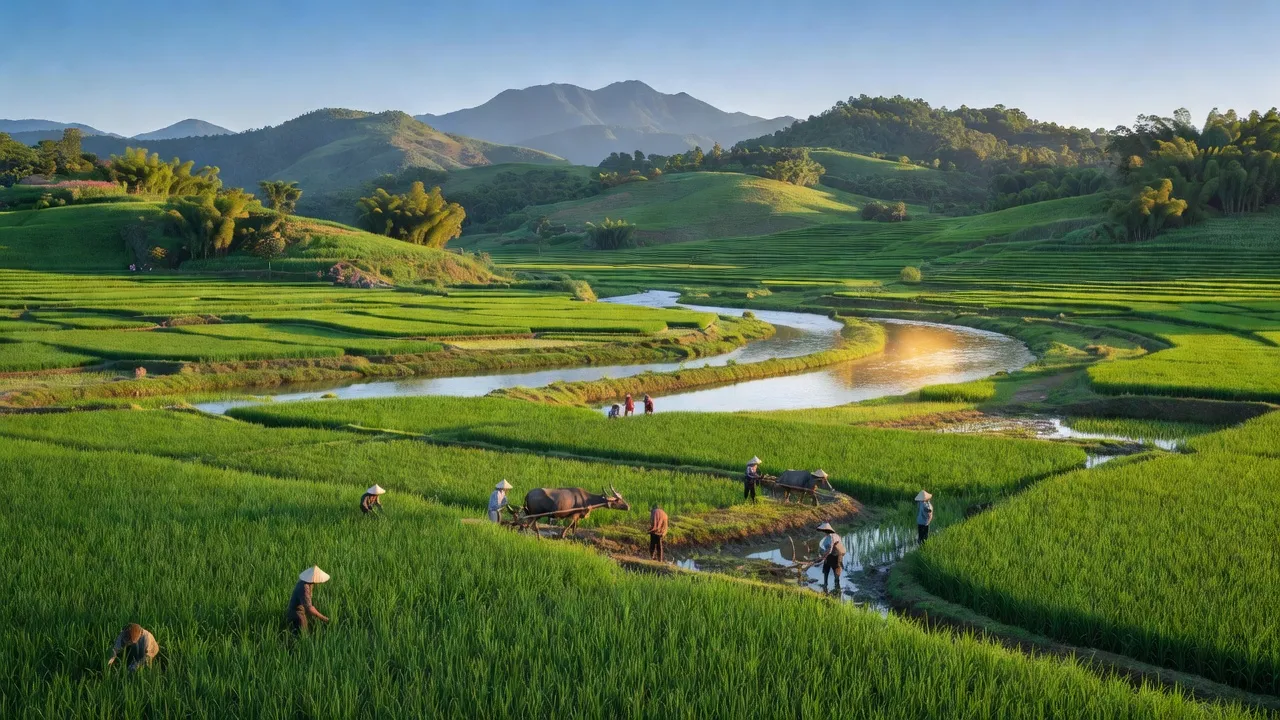 Cảnh quan huyện Chiêm Hóa, Tuyên Quang với đồng xanh và núi non hùng vĩ, thể hiện vẻ đẹp tự nhiên.