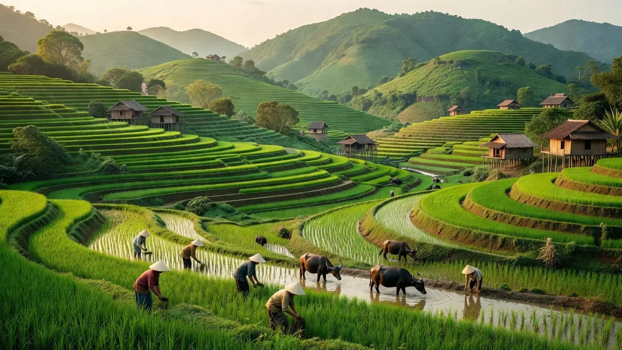 Khung cảnh thiên nhiên huyện Chiêm Hóa, Tuyên Quang với đồi núi xanh mướt và hoạt động nông nghiệp.