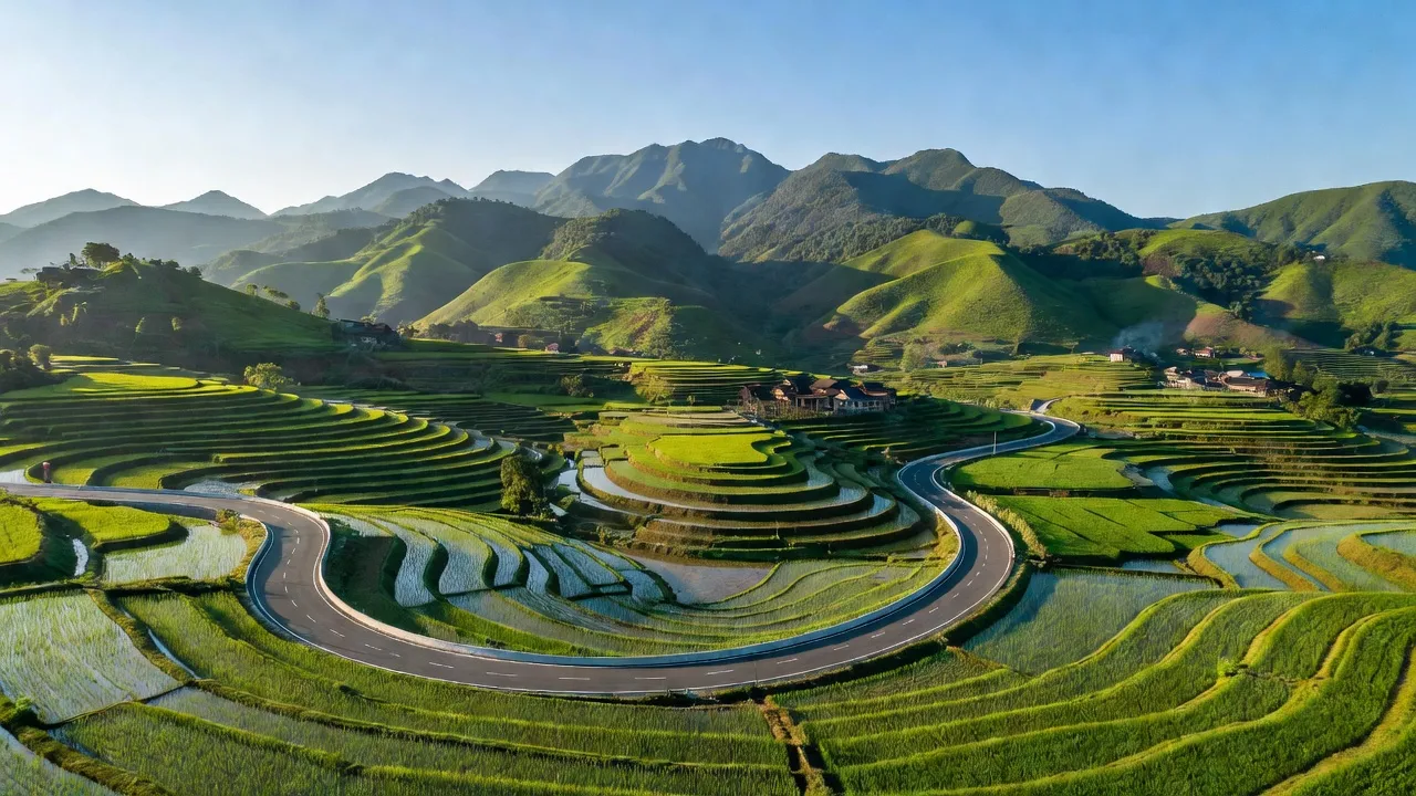 Cảnh quan xã Bình Nhân, huyện Chiêm Hóa, Tuyên Quang với núi non, ruộng bậc thang, và bầu trời xanh.