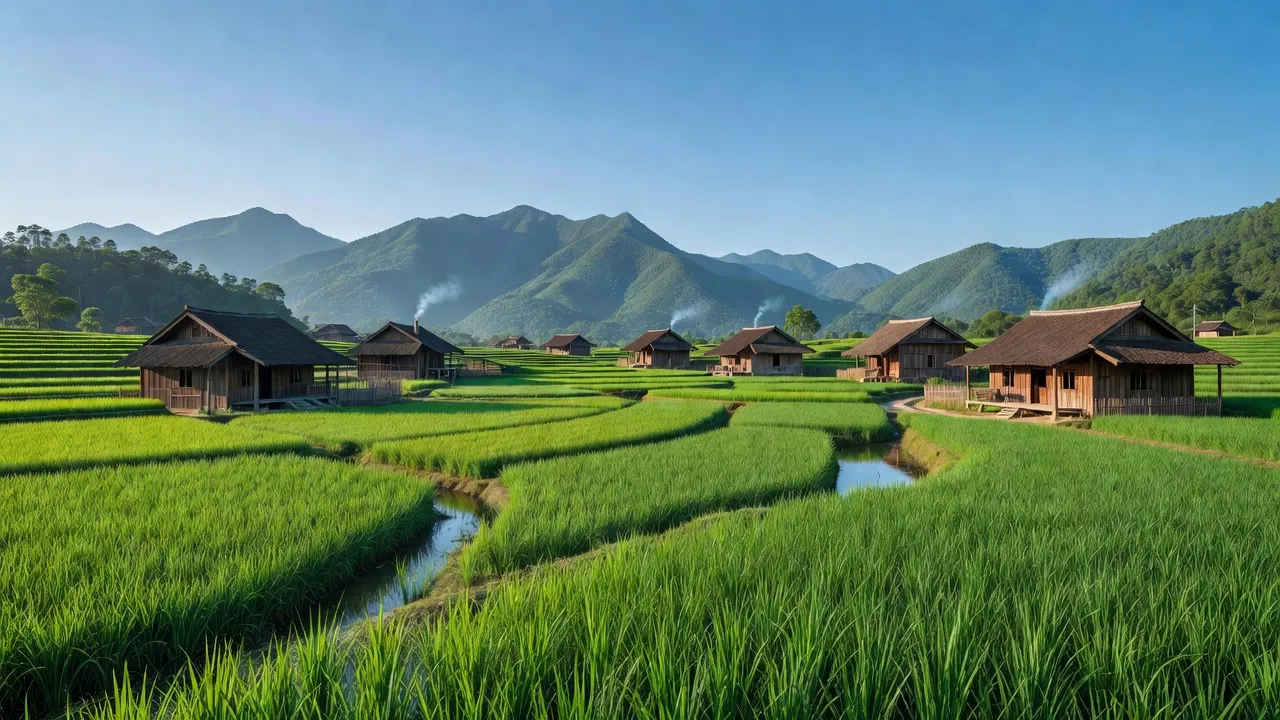 Cảnh sắc xanh ngát tại Xã Hà Lang, Huyện Chiêm Hóa, Tuyên Quang với ruộng bậc thang và nhà gỗ.