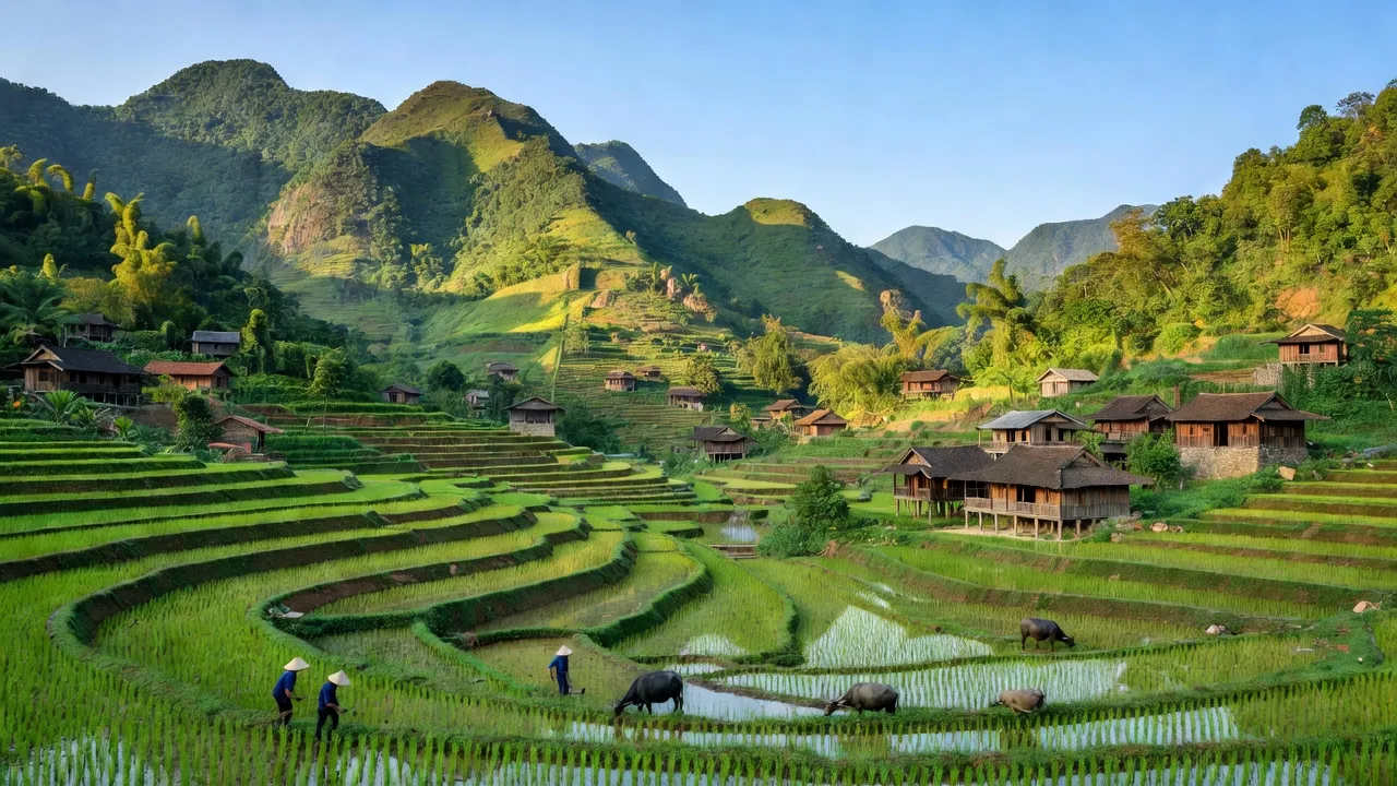 Khung cảnh đẹp của xã Hà Lang, huyện Chiêm Hóa, Tuyên Quang với núi rừng và ruộng bậc thang.