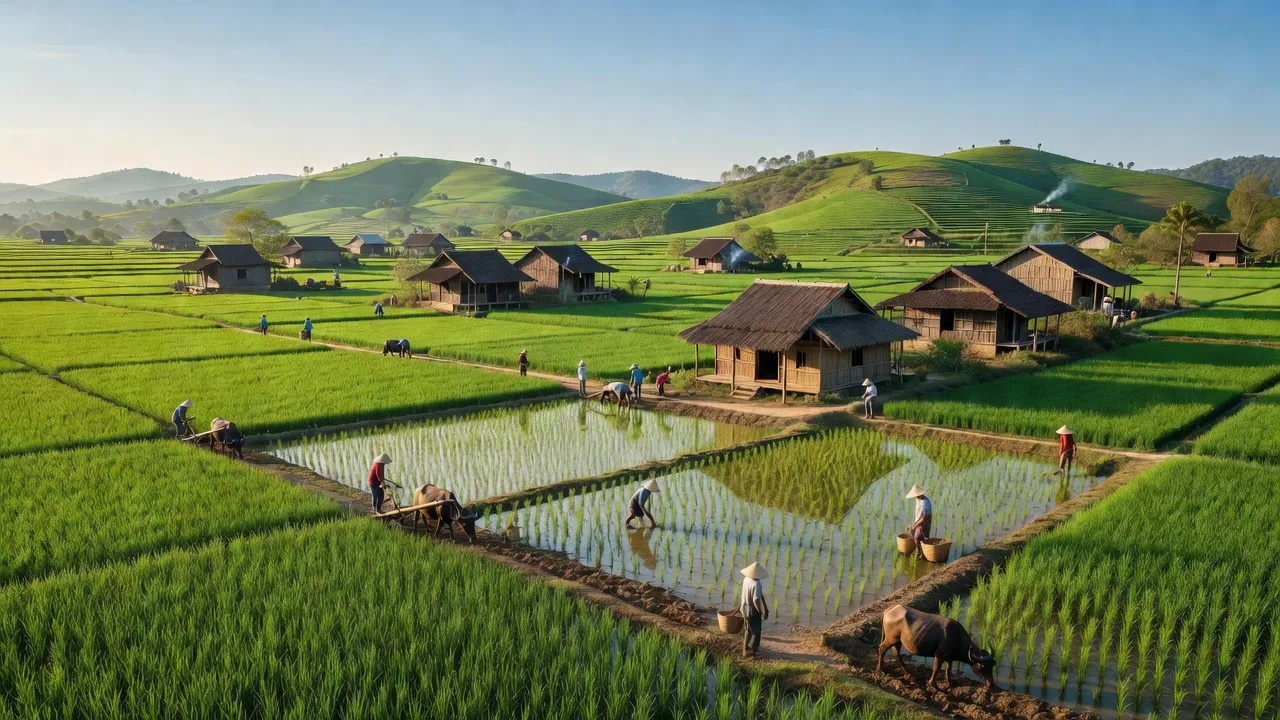 Cảnh đẹp Xã Hòa Phú, huyện Chiêm Hóa, Tuyên Quang với cánh đồng xanh rợp và nhà truyền thống.