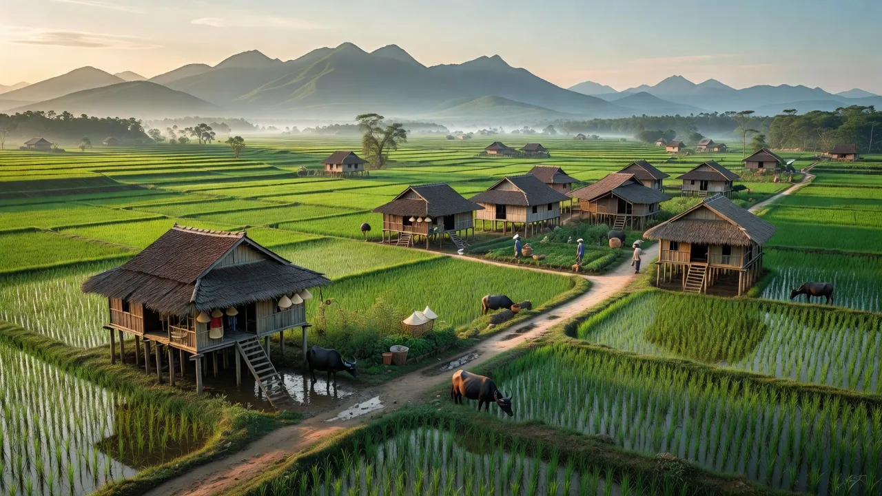 Cảnh đẹp xã Hùng Mỹ, huyện Chiêm Hóa, Tuyên Quang với ruộng xanh và nhà truyền thống.