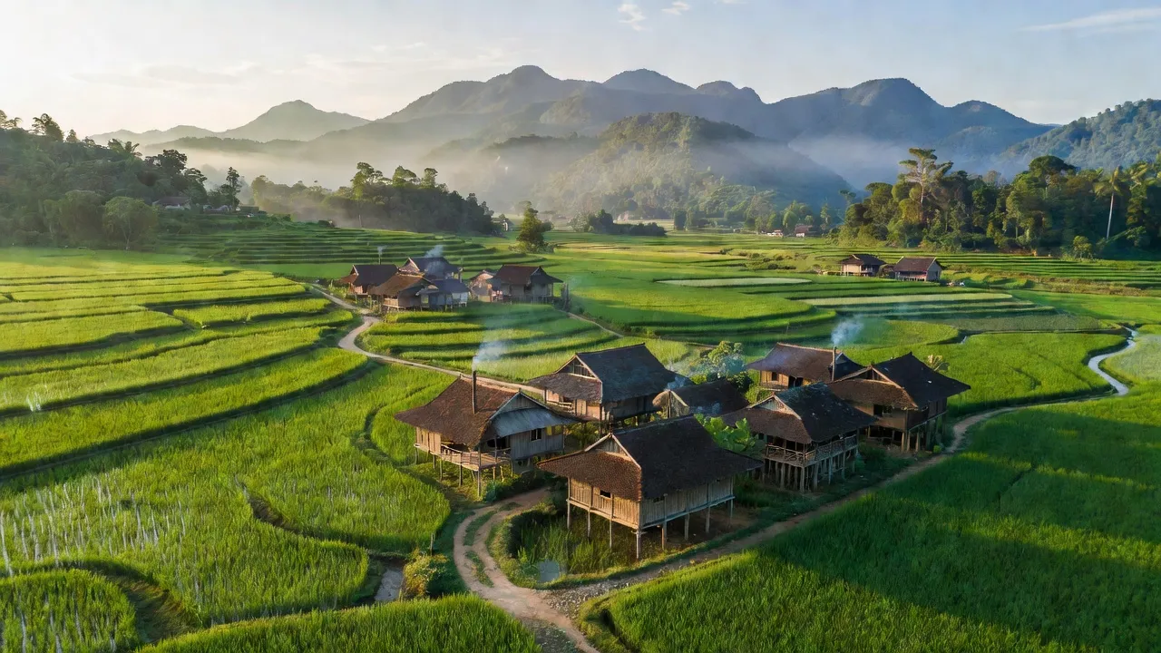 Khung cảnh xã Hùng Mỹ, huyện Chiêm Hóa, Tuyên Quang với những cánh đồng xanh và núi non hùng vĩ.