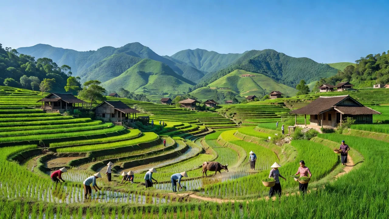 Cảnh quan xã Kiên Đài, huyện Chiêm Hóa, tỉnh Tuyên Quang với núi xanh và nhà truyền thống.