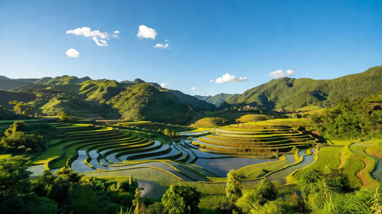 Khung cảnh xã Kiên Đài huyện Chiêm Hóa, Tuyên Quang với đồi xanh và ruộng bậc thang.