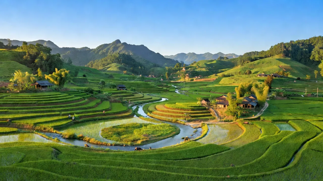 Cảnh thiên nhiên xã Linh Phú, Chiêm Hóa, Tuyên Quang với cánh đồng xanh và bầu trời trong.