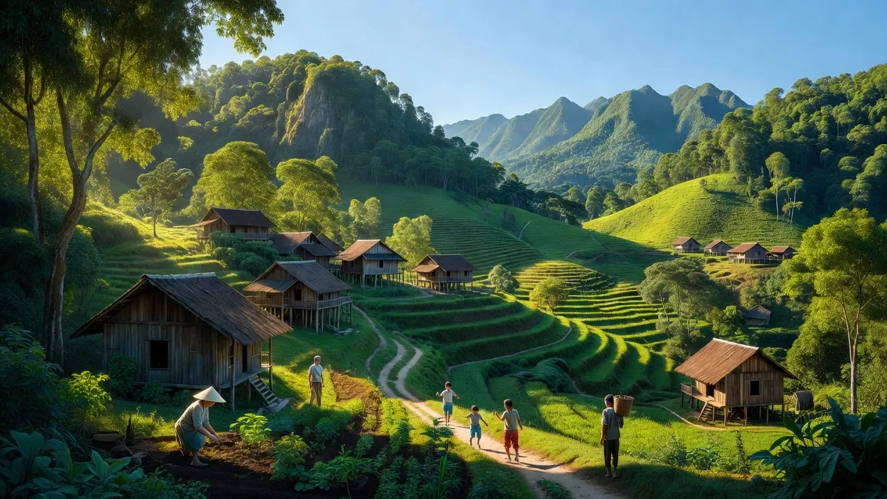 Cảnh quan Xã Nhân Lý, huyện Chiêm Hóa, Tuyên Quang với đồi núi và nhà truyền thống, xanh tươi.