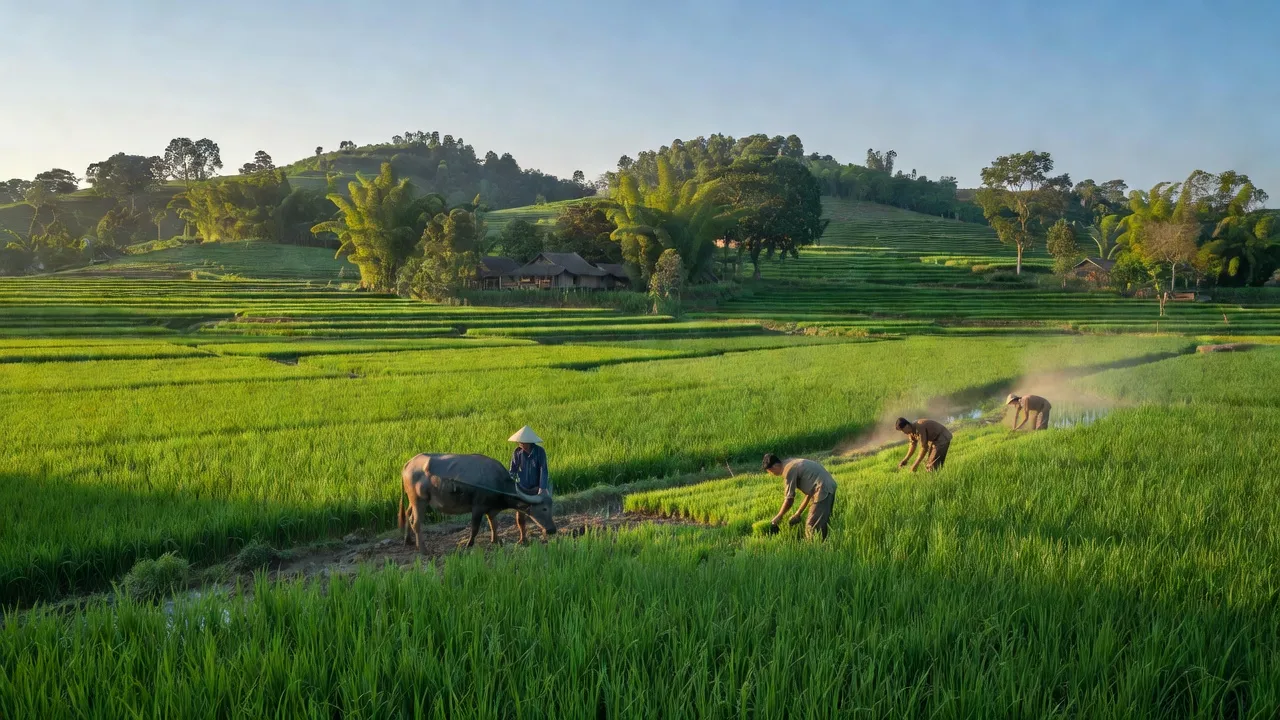 Cảnh đẹp xã Tân An, huyện Chiêm Hóa, tỉnh Tuyên Quang với đồng ruộng xanh mướt và bầu trời trong sáng.
