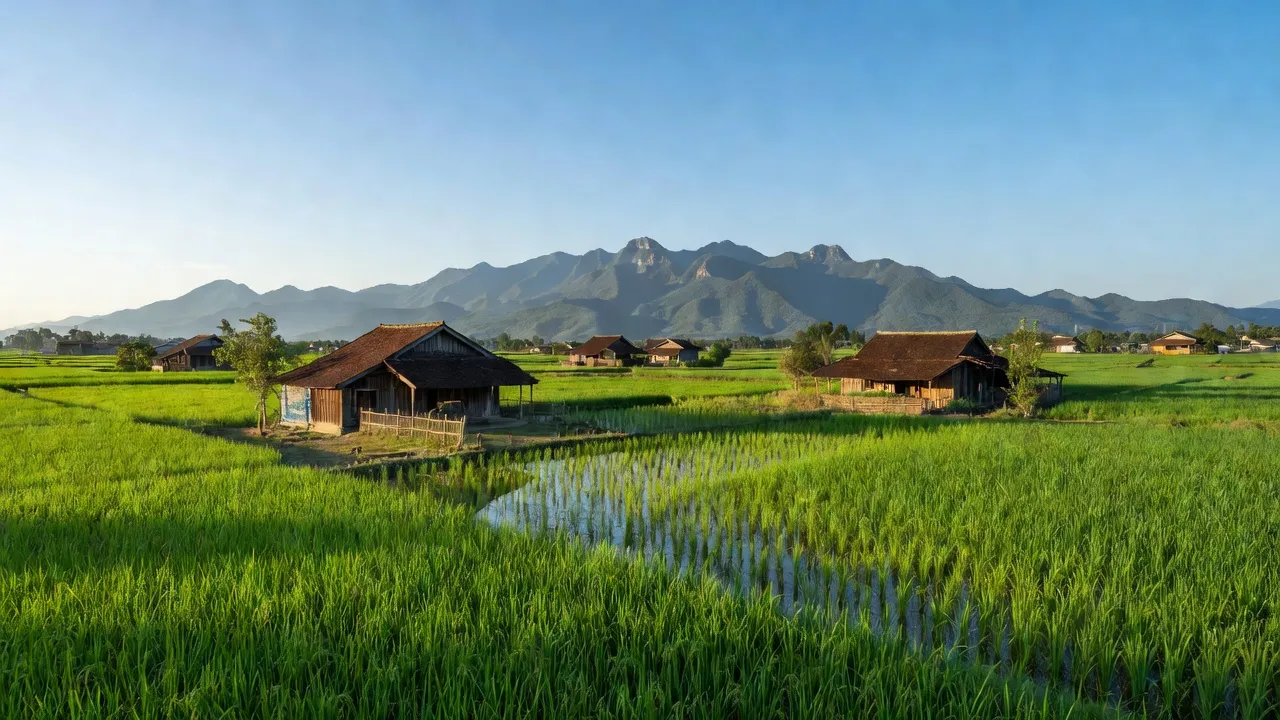 Cảnh quan bình yên của xã Tân An, huyện Chiêm Hóa, tỉnh Tuyên Quang với đồng xanh và nhà truyền thống.