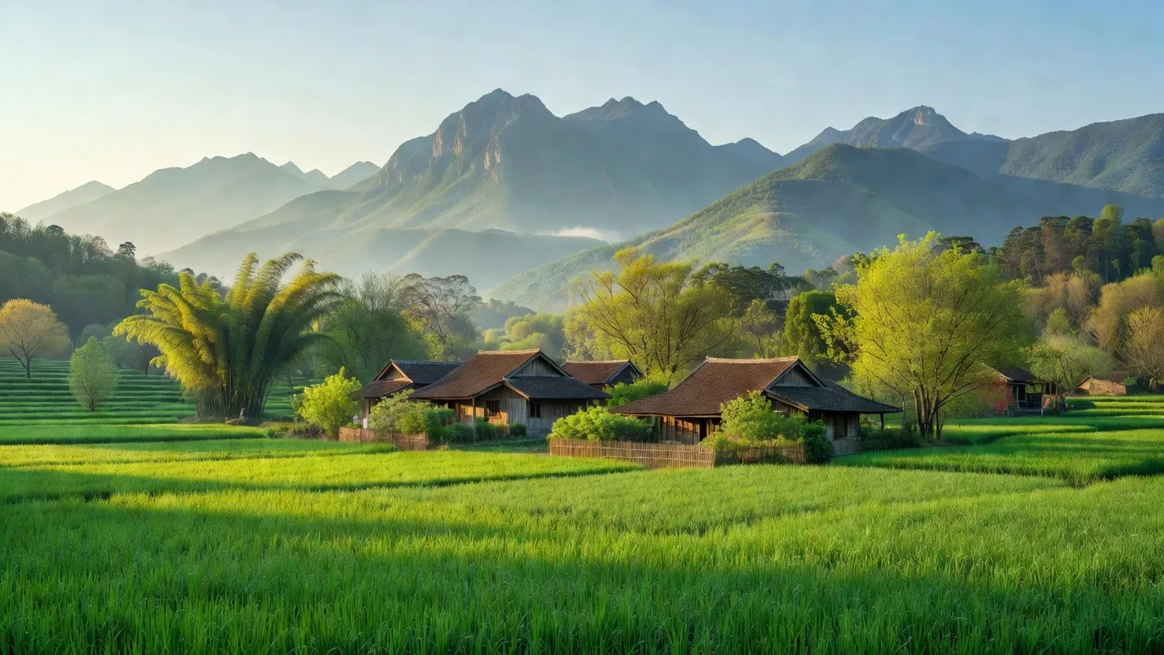 Cảnh nông thôn xã Tân Thịnh, huyện Chiêm Hóa, Tuyên Quang với cánh đồng, núi và nhà truyền thống.