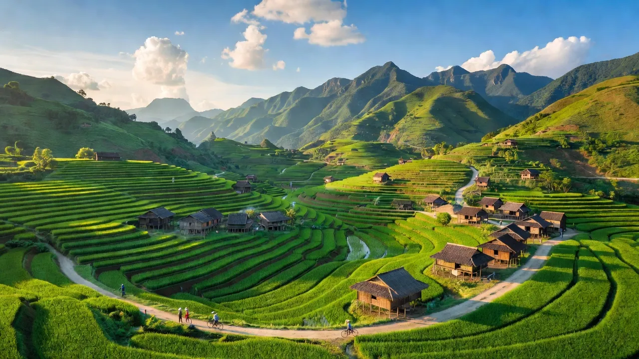 Khung cảnh đẹp làng quê Xã Tri Phú, huyện Chiêm Hóa, tỉnh Tuyên Quang với đồi núi và ruộng bậc thang.